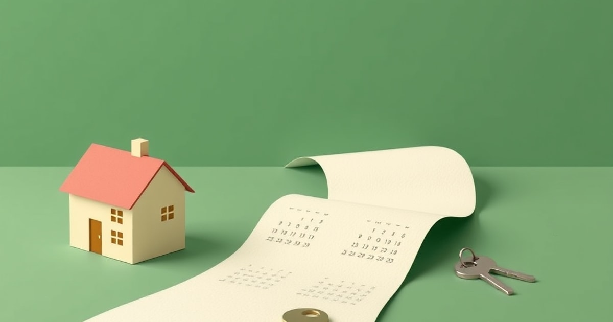 a small house model next to a winding road made of calendar pages leading to a set of house keys