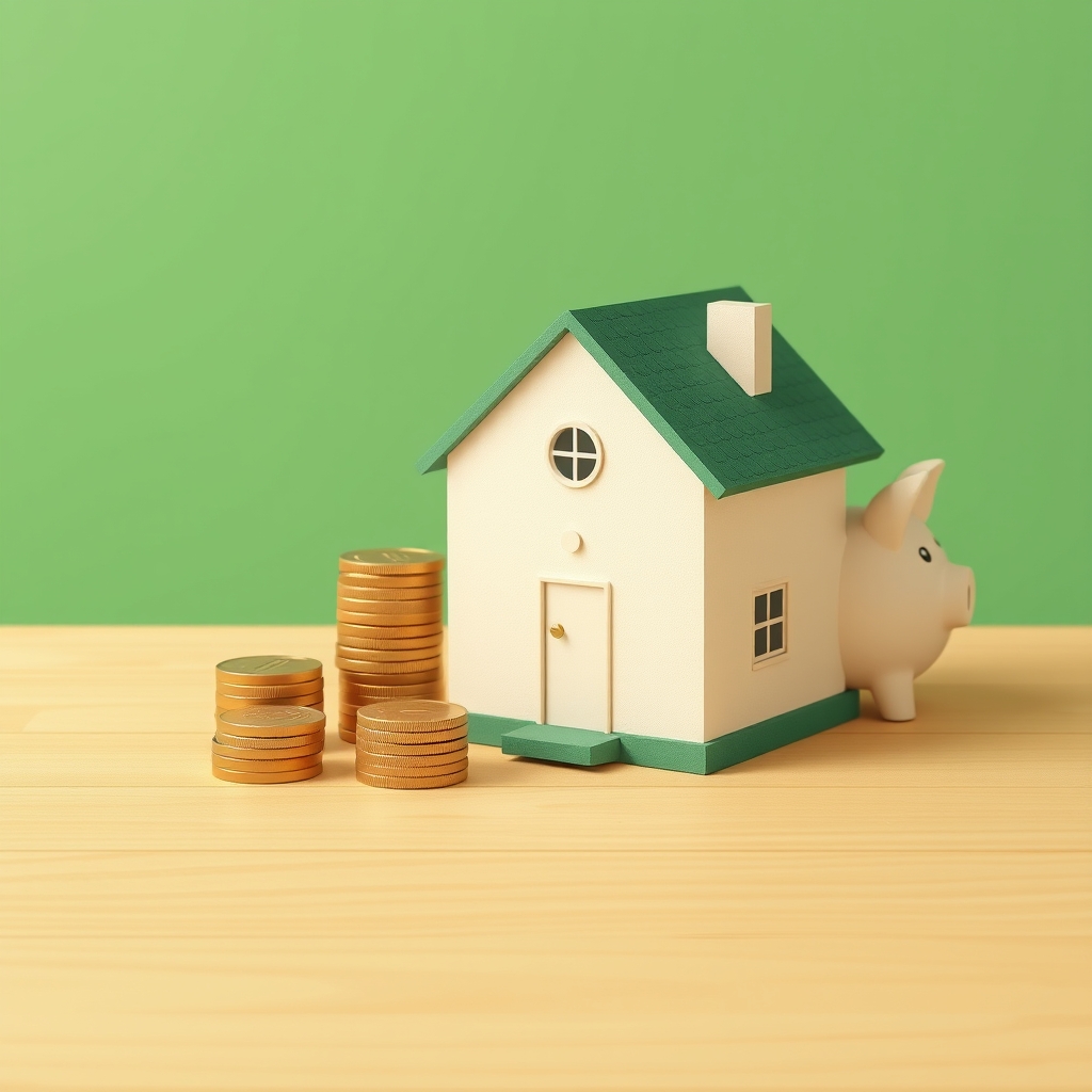 a small model house sitting next to a neat stack of coins and a piggy bank on a clean wooden surface