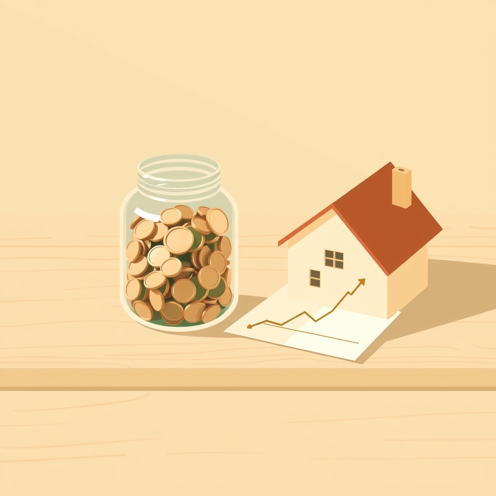 a clear glass jar filled with coins sitting next to a small model house on a wooden surface, with a simple upward-trending line chart drawn on paper nearby

Style: Warm editorial flat illustration. Color palette strictly forest green (#1f4d39) and cream (#f5f1e8) with small soft gold (#e9b949) accents. Friendly geometric shapes, gentle paper-grain texture, generous negative space, soft shadows. Calm, trustworthy, modern. Absolutely no text, no words, no letters, no numbers, no logos, no watermarks, no UI screenshots. Not photorealistic. No human faces. Horizontal composition.

Style: Warm editorial flat illustration. Color palette strictly forest green (#1f4d39) and cream (#f5f1e8) with small soft gold (#e9b949) accents. Friendly geometric shapes, gentle paper-grain texture, generous negative space, soft shadows. Calm, trustworthy, modern. Absolutely no text, no words, no letters, no numbers, no logos, no watermarks, no UI screenshots. Not photorealistic. No human faces. Horizontal composition.