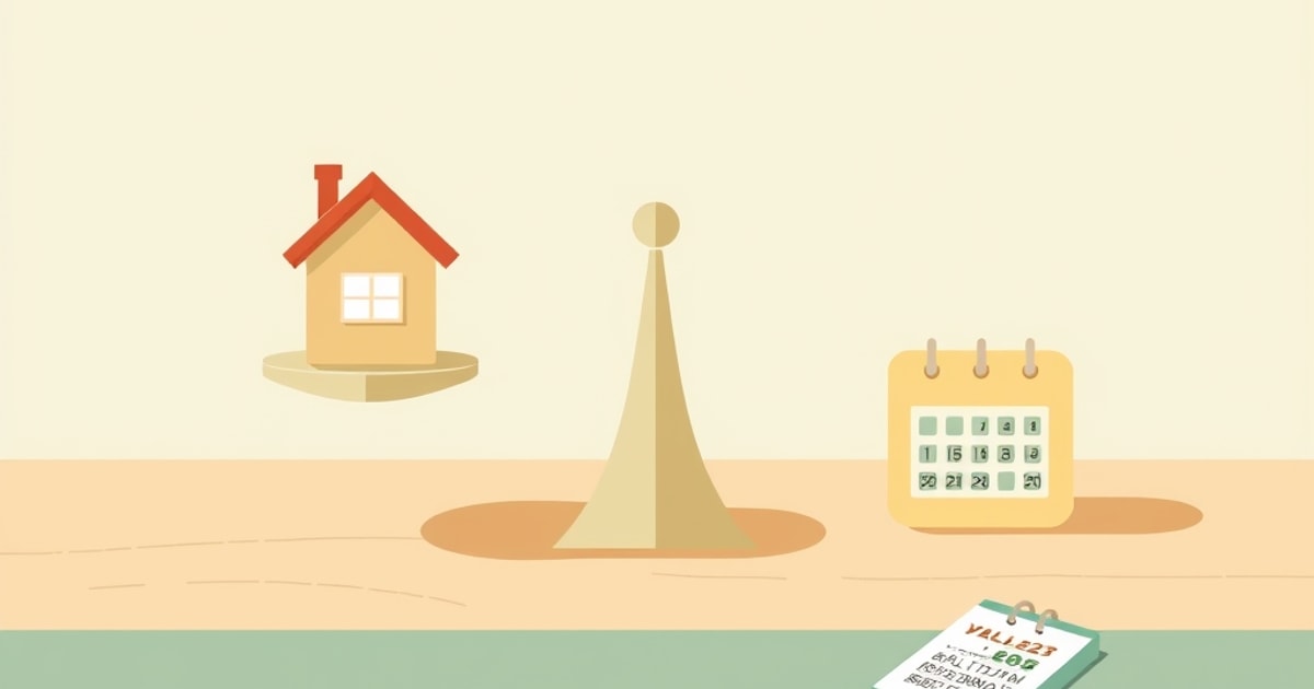 a small model house on one side of a balanced scale and a set of apartment keys on the other side, resting on a wooden table with a small calendar nearby