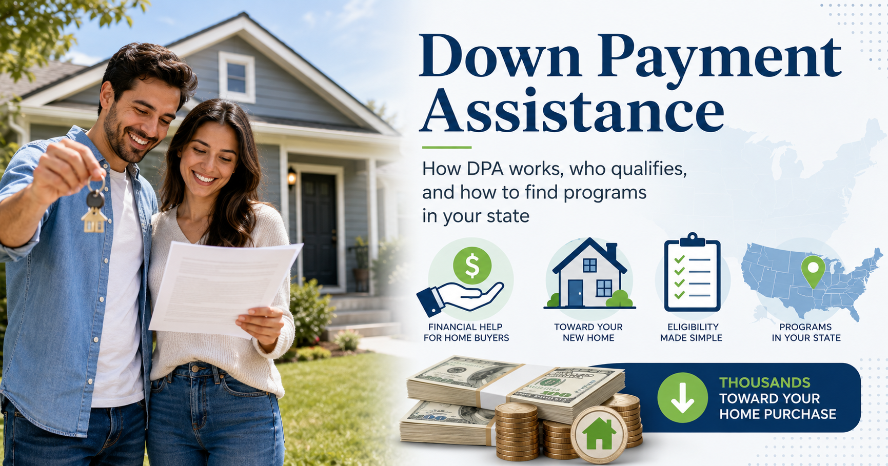 A small model house next to a stack of coins and a wrapped gift box, symbolizing down payment assistance for home buyers