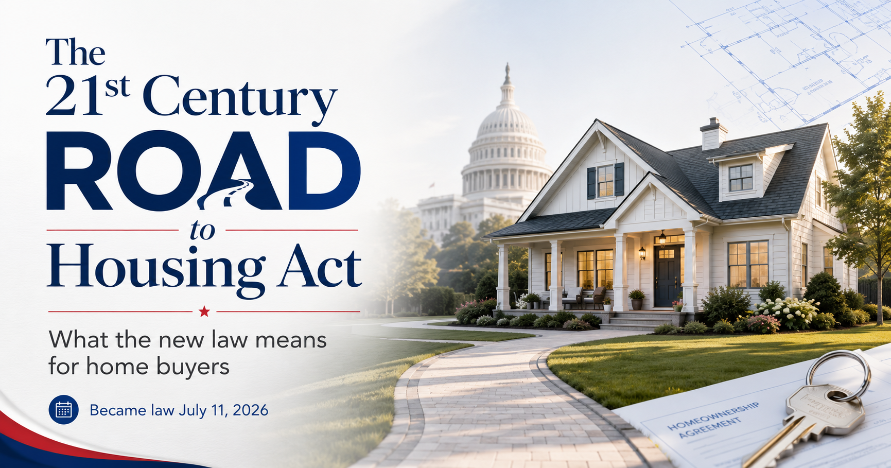 A rolled scroll and small model house with keys, representing new U.S. housing legislation becoming law in 2026