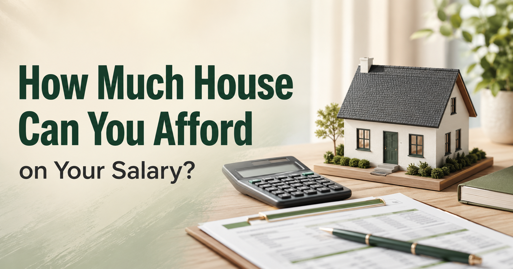 A small model house resting on a pay stub next to a calculator and a simple bar chart