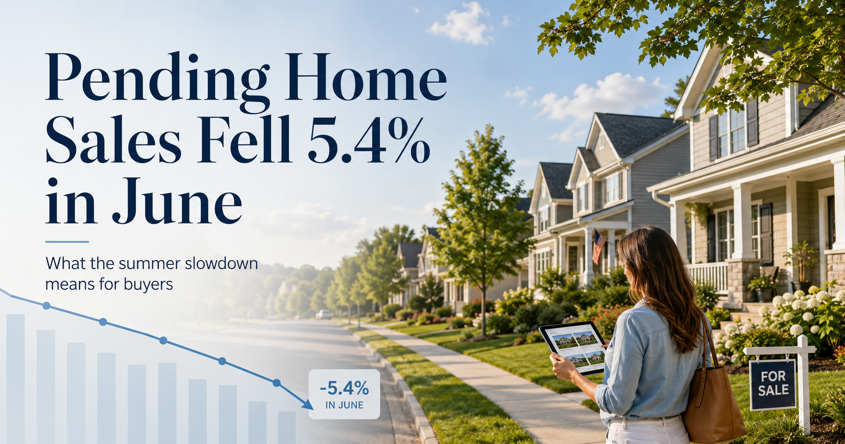 Small wooden house model on a summer calendar with a gentle downward arrow, representing a seasonal dip in pending home sales