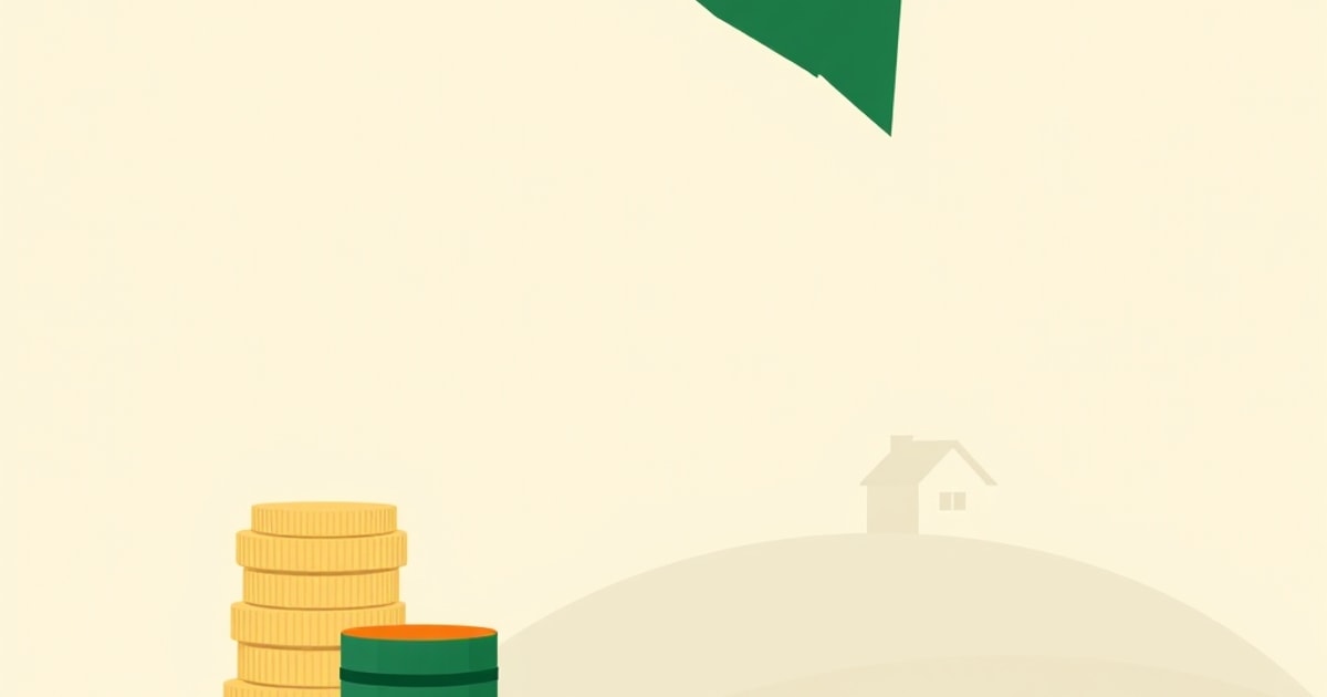 A large upward-pointing arrow made of stacked coins beside a small downward-pointing oil barrel, set against a neutral background with a subtle house silhouette in the distance.
Style: Warm editorial flat vector illustration. Friendly geometric shapes, gentle paper-grain texture, soft shadows. Color palette strictly forest green (#1f4d39) and cream (#f5f1e8) with small soft gold (#e9b949) accents. Generous negative space. Calm, trustworthy, modern. Absolutely no text, no words, no letters, no numbers, no logos, no watermarks, no UI screenshots. Not photorealistic. No human faces. Horizontal composition.
Style: Warm editorial flat vector illustration. Friendly geometric shapes, gentle paper-grain texture, soft shadows. Color palette strictly forest green (#1f4d39) and cream (#f5f1e8) with small soft gold (#e9b949) accents. Generous negative space. Calm, trustworthy, modern. Absolutely no text, no words, no letters, no numbers, no logos, no watermarks, no UI screenshots. Not photorealistic. No human faces. Horizontal composition.
Style: Warm editorial flat vector illustration. Friendly geometric shapes, gentle paper-grain texture, soft shadows. Color palette strictly forest green (#1f4d39) and cream (#f5f1e8) with small soft gold (#e9b949) accents. Generous negative space. Calm, trustworthy, modern. Absolutely no text, no words, no letters, no numbers, no logos, no watermarks, no UI screenshots. Not photorealistic. No human faces. Horizontal composition.
Style: Textured cut-paper collage look. Layered paper shapes with soft drop shadows, tactile matte grain. Color palette strictly forest green (#1f4d39) and cream (#f5f1e8) with small soft gold (#e9b949) accents. Generous negative space. Calm, trustworthy, modern. Absolutely no text, no words, no letters, no numbers, no logos, no watermarks, no UI screenshots. Not photorealistic. No human faces. Horizontal composition.
Style: Textured cut-paper collage look. Layered paper shapes with soft drop shadows, tactile matte grain. Color palette strictly forest green (#1f4d39) and cream (#f5f1e8) with small soft gold (#e9b949) accents. Generous negative space. Calm, trustworthy, modern. Absolutely no text, no words, no letters, no numbers, no logos, no watermarks, no UI screenshots. Not photorealistic. No human faces. Horizontal composition.